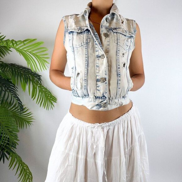 Vintage Y2K Indie Grunge Light Wash Denim Distressed Bleached Jean Vest / Sz: S - Picture 1 of 5
